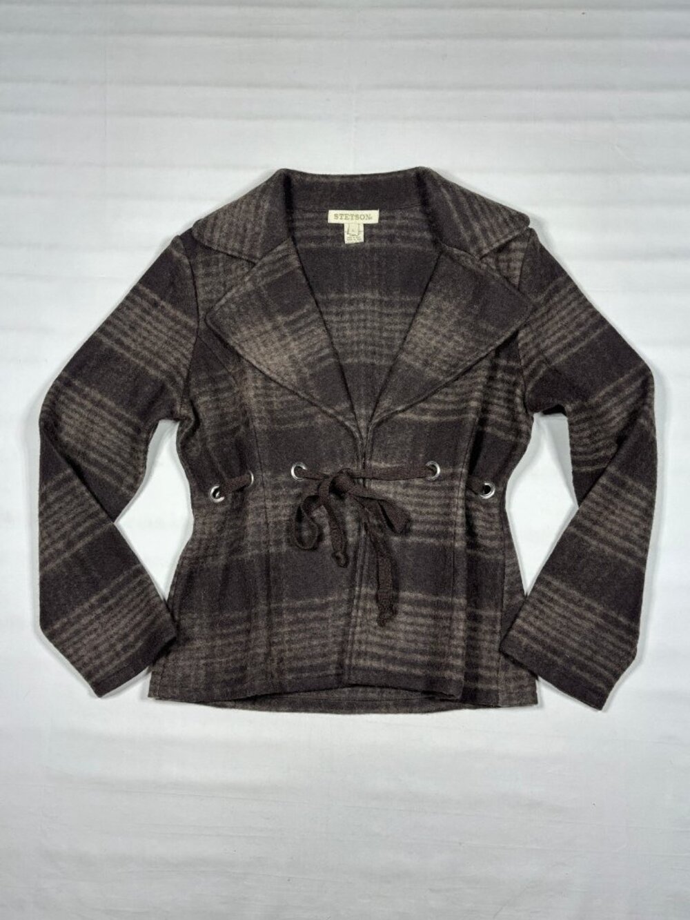 Stetson Western Plaid Cardigan Knit Wool Sweater Blazer Jacket Tie Waist Women L